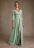 A-Line V-Neck Three-Quarter Sleeve Back Zip Floor-Length Mother of the Bride Dress