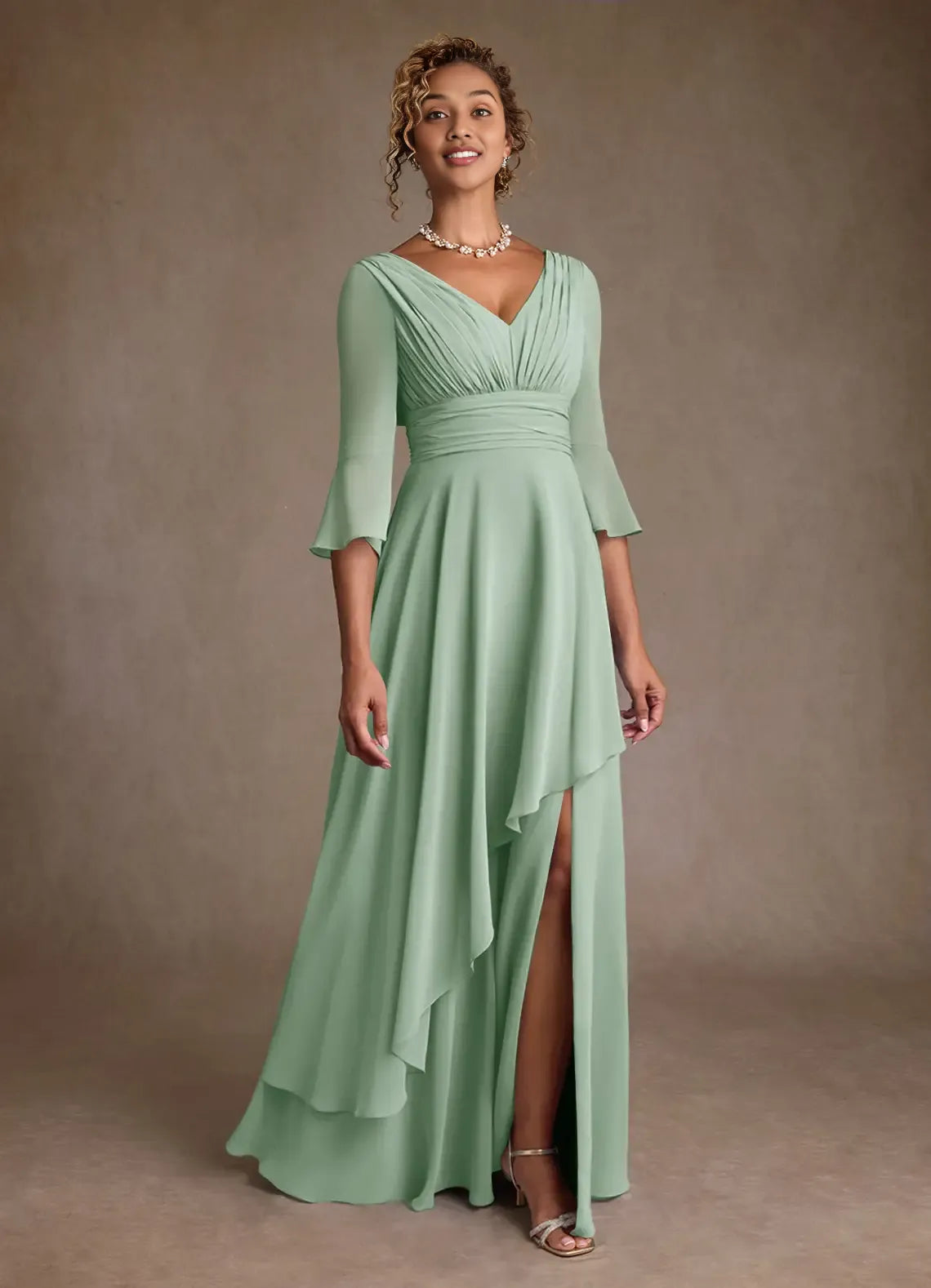 A-Line V-Neck Three-Quarter Sleeve Back Zip Floor-Length Mother of the Bride Dress