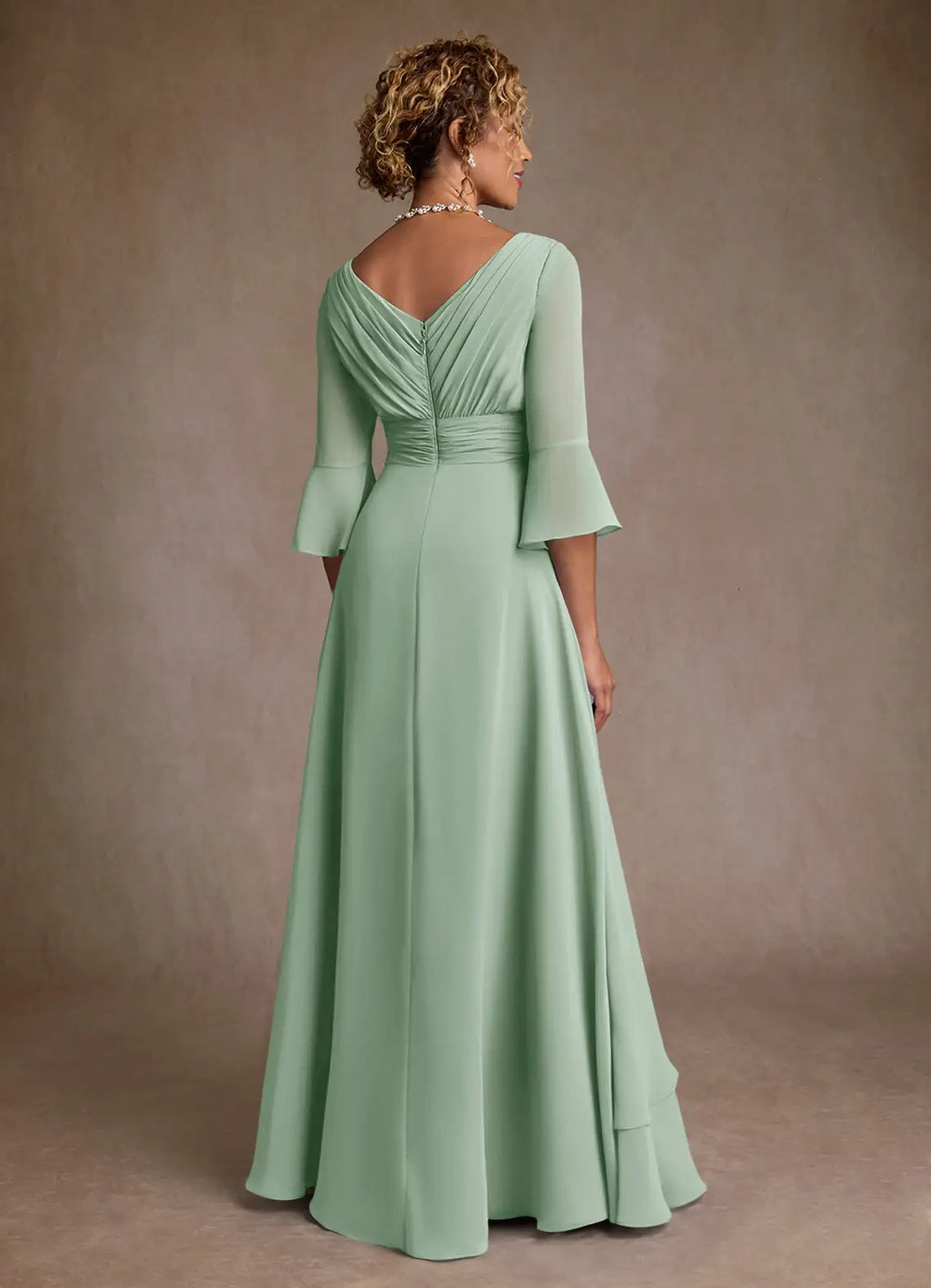 A-Line V-Neck Three-Quarter Sleeve Back Zip Floor-Length Mother of the Bride Dress