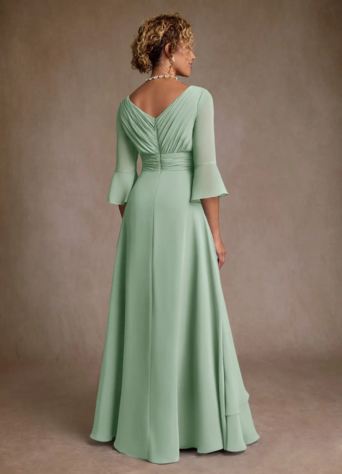 A-Line V-Neck Three-Quarter Sleeve Back Zip Floor-Length Mother of the Bride Dress