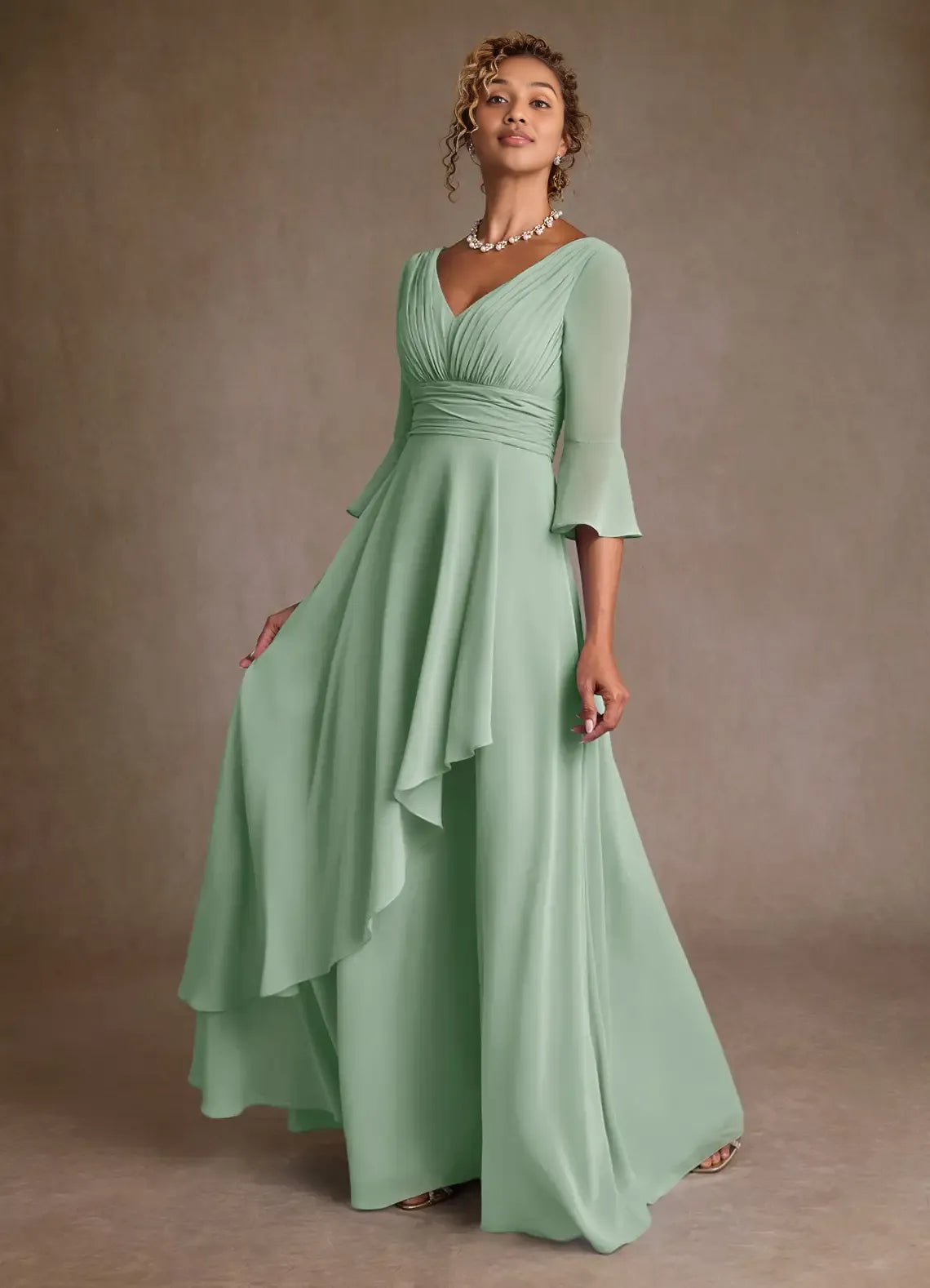 A-Line V-Neck Three-Quarter Sleeve Back Zip Floor-Length Mother of the Bride Dress
