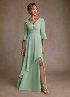 A-Line V-Neck Three-Quarter Sleeve Back Zip Floor-Length Mother of the Bride Dress
