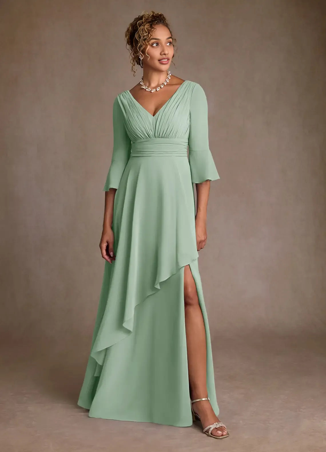A-Line V-Neck Three-Quarter Sleeve Back Zip Floor-Length Mother of the Bride Dress