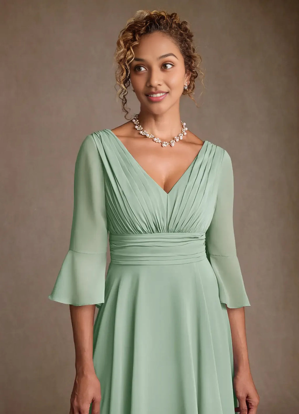 A-Line V-Neck Three-Quarter Sleeve Back Zip Floor-Length Mother of the Bride Dress