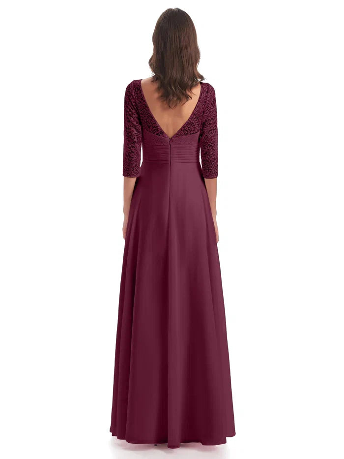 A-Line V-neck 3/4 Length Sleeves Floor-Length Mother of the Bride Dress