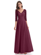 A-Line V-neck 3/4 Length Sleeves Floor-Length Mother of the Bride Dress