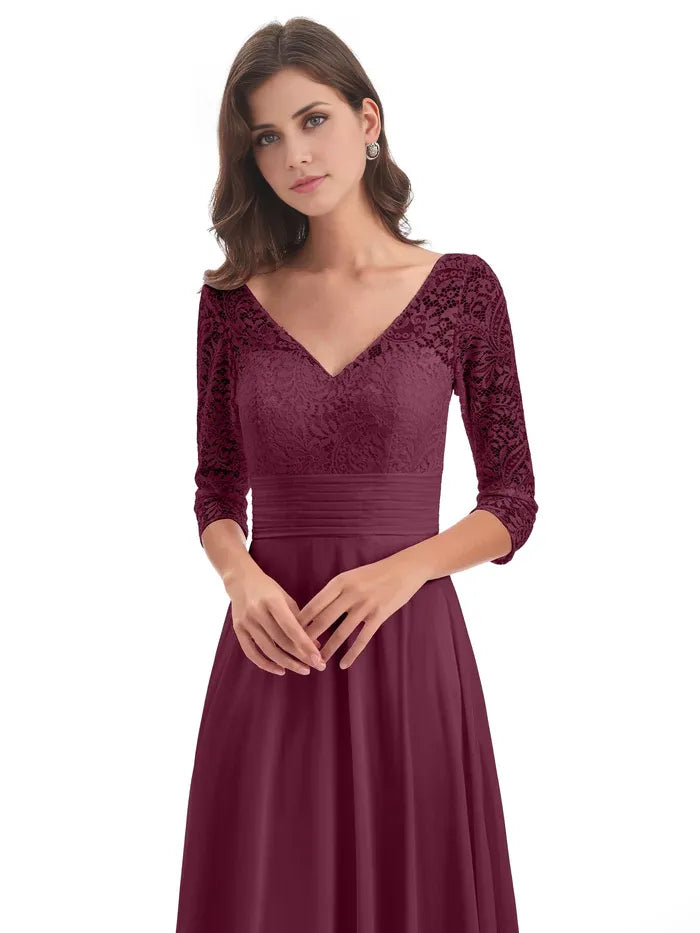 A-Line V-neck 3/4 Length Sleeves Floor-Length Mother of the Bride Dress
