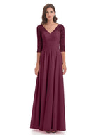 A-Line V-neck 3/4 Length Sleeves Floor-Length Mother of the Bride Dress