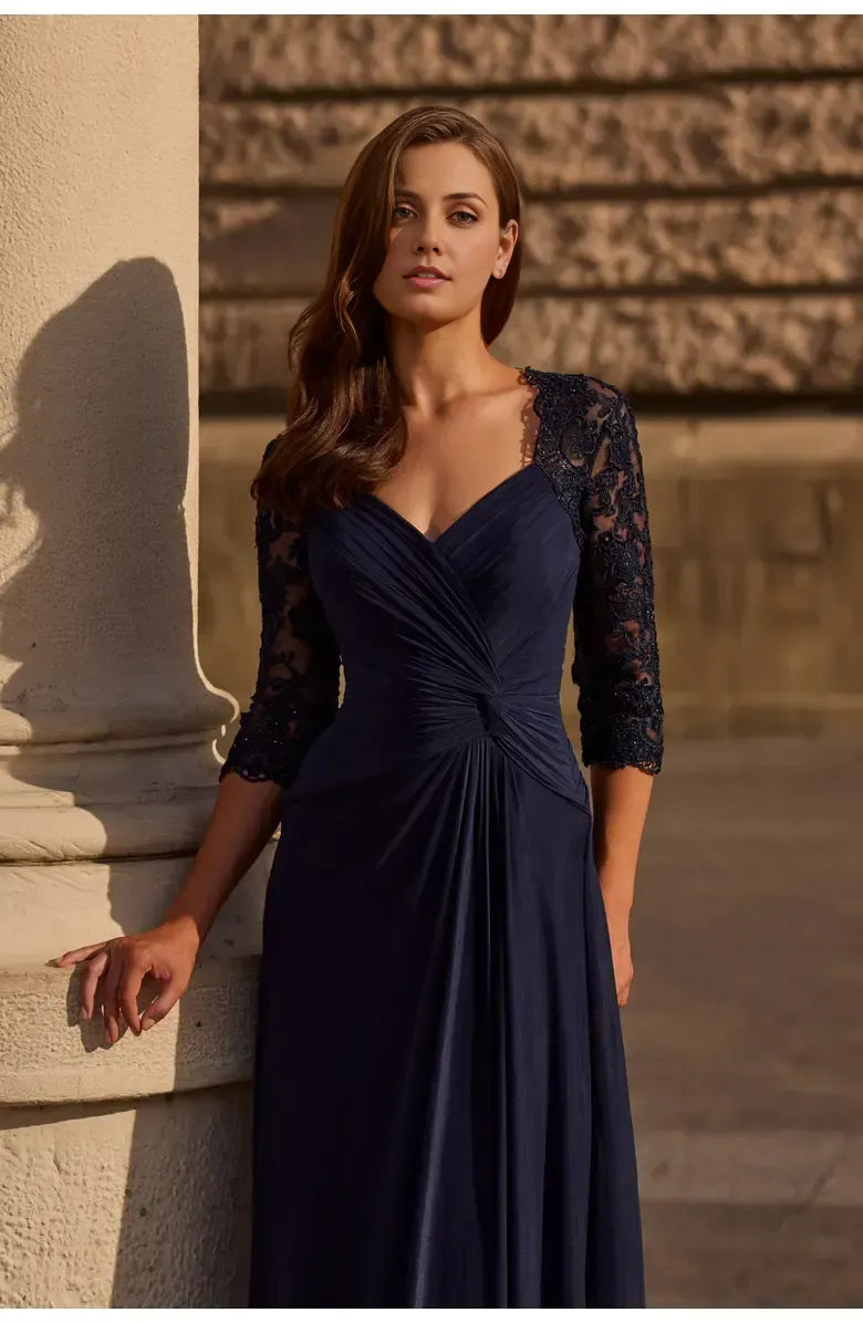 A-Line V-neck Sleeves Backless Floor-Length Mother of the Bride Dress