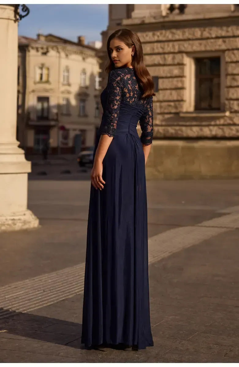A-Line V-neck Sleeves Backless Floor-Length Mother of the Bride Dress