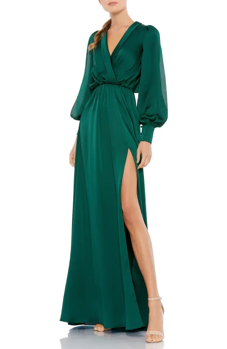 A-Line V-neck Long Sleeve Sweep/Brush Train Prom Dress