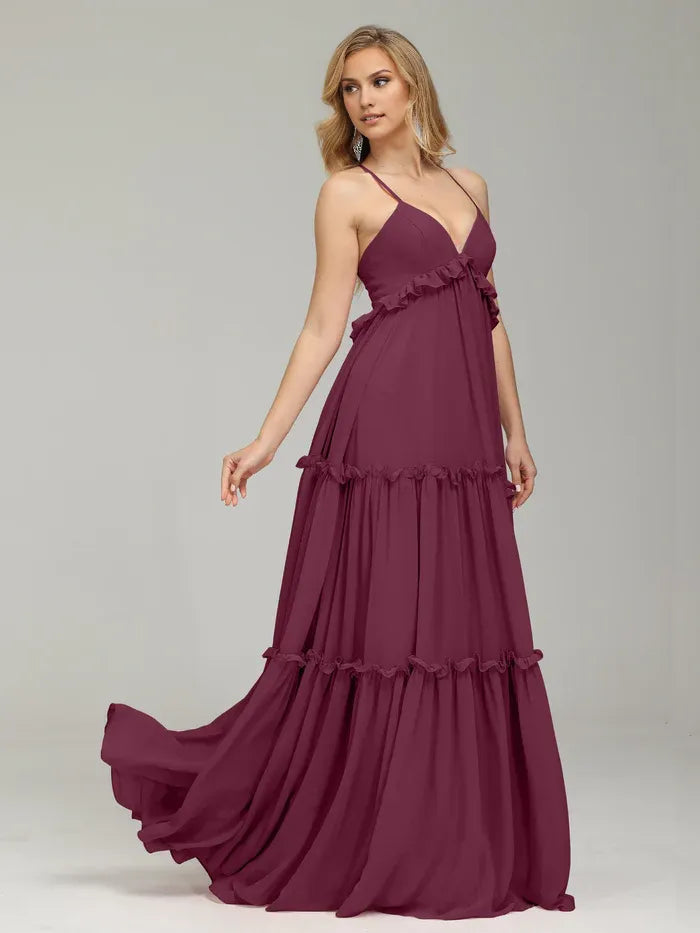 A-Line V-neck Sleeveless Backless Floor-Length Prom Dress
