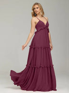 A-Line V-neck Sleeveless Backless Floor-Length Prom Dress