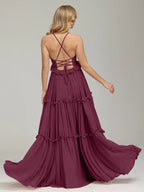 A-Line V-neck Sleeveless Backless Floor-Length Prom Dress
