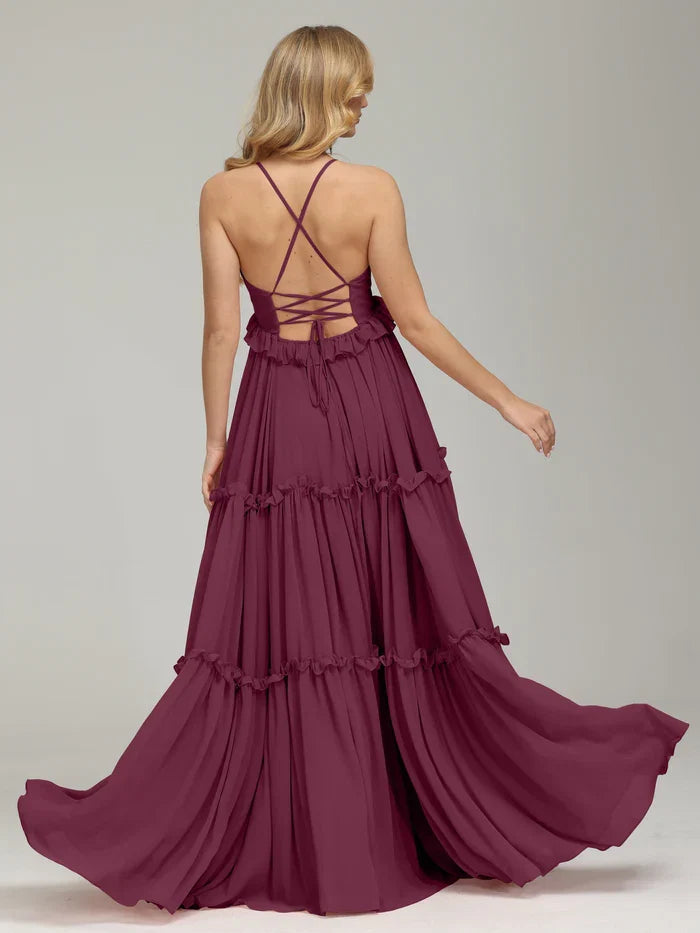 A-Line V-neck Sleeveless Backless Floor-Length Prom Dress