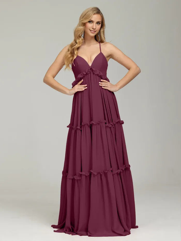 A-Line V-neck Sleeveless Backless Floor-Length Prom Dress
