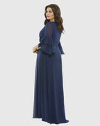 A-Line V Neck Bell Sleeve Zipper Up Sweep/Brush Train Plus Size Mother of the Bride Dress
