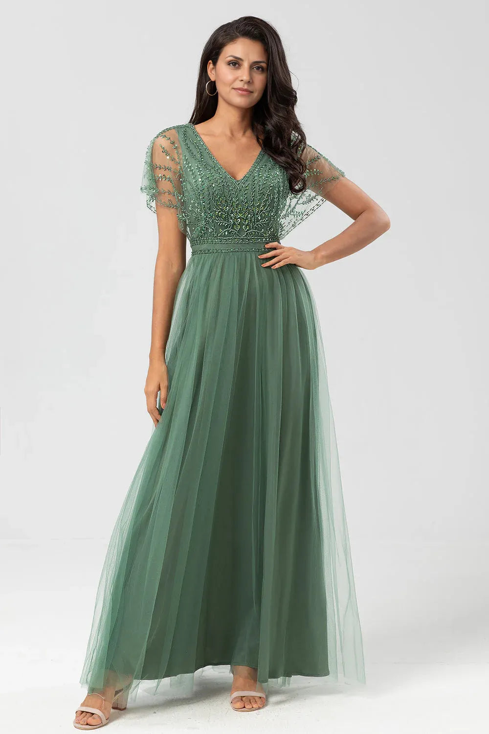A-Line V Neck Flutter Sleeve Zipper Up Floor-Length Mother of the Bride Dress
