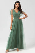 A-Line V Neck Flutter Sleeve Zipper Up Floor-Length Mother of the Bride Dress