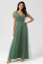 A-Line V Neck Flutter Sleeve Zipper Up Floor-Length Mother of the Bride Dress