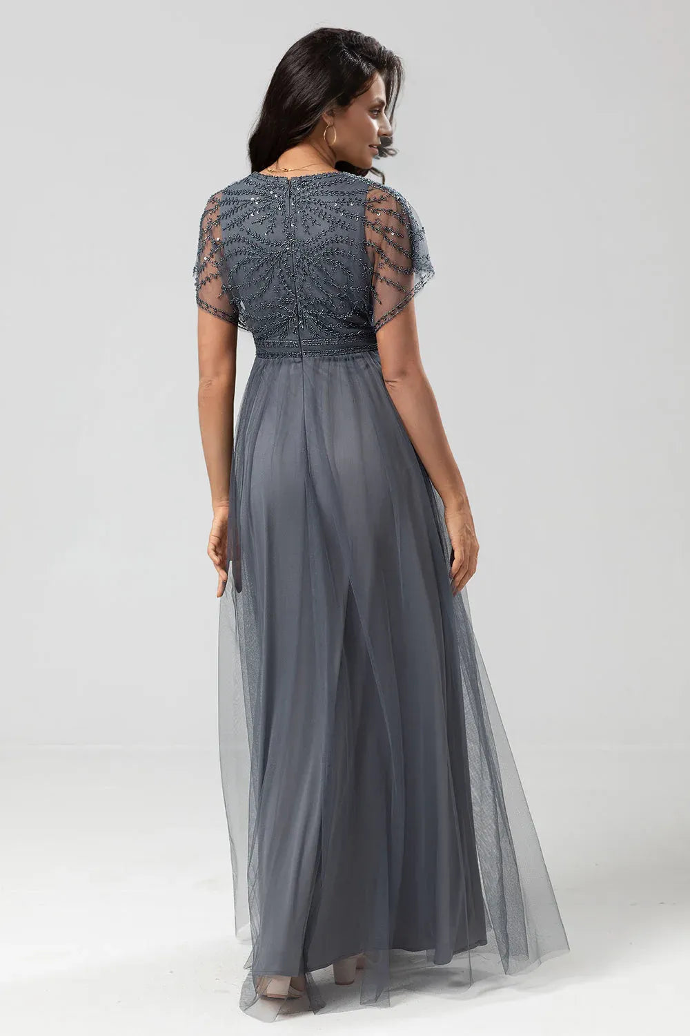 A-Line V Neck Flutter Sleeve Zipper Up Floor-Length Mother of the Bride Dress