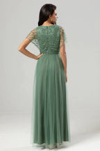 A-Line V Neck Flutter Sleeve Zipper Up Floor-Length Mother of the Bride Dress