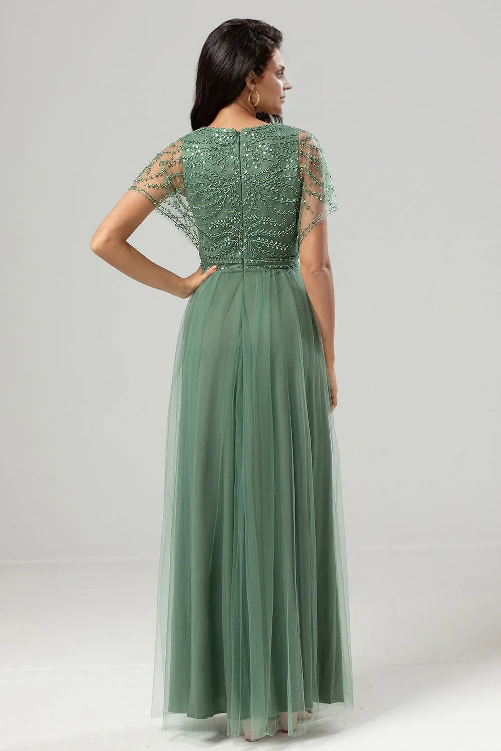 A-Line V Neck Flutter Sleeve Zipper Up Floor-Length Mother of the Bride Dress