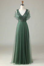 A-Line V Neck Flutter Sleeve Zipper Up Floor-Length Mother of the Bride Dress