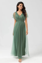 A-Line V Neck Flutter Sleeve Zipper Up Floor-Length Mother of the Bride Dress