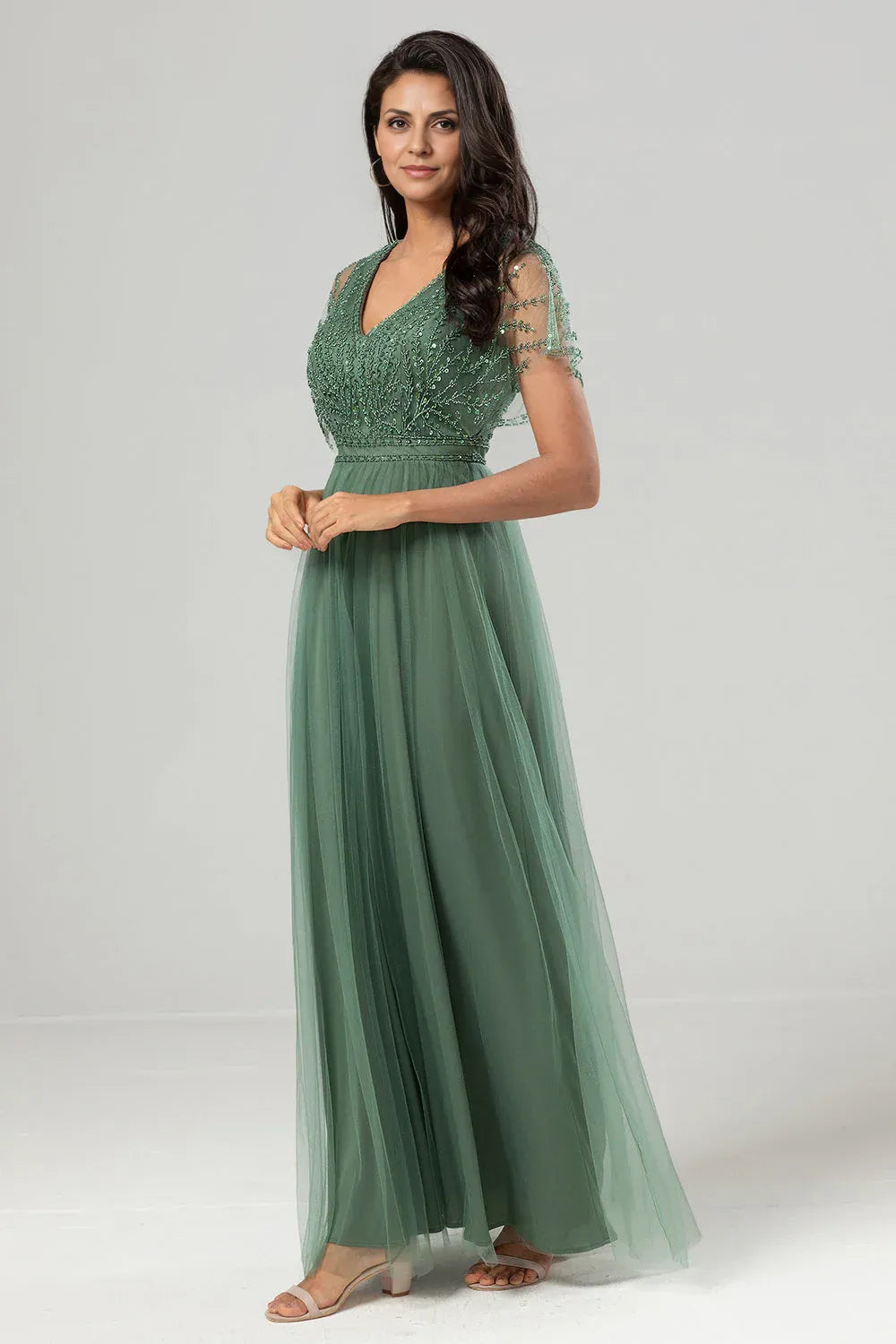 A-Line V Neck Flutter Sleeve Zipper Up Floor-Length Mother of the Bride Dress
