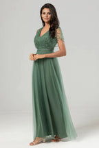 A-Line V Neck Flutter Sleeve Zipper Up Floor-Length Mother of the Bride Dress