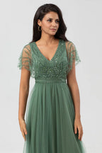A-Line V Neck Flutter Sleeve Zipper Up Floor-Length Mother of the Bride Dress