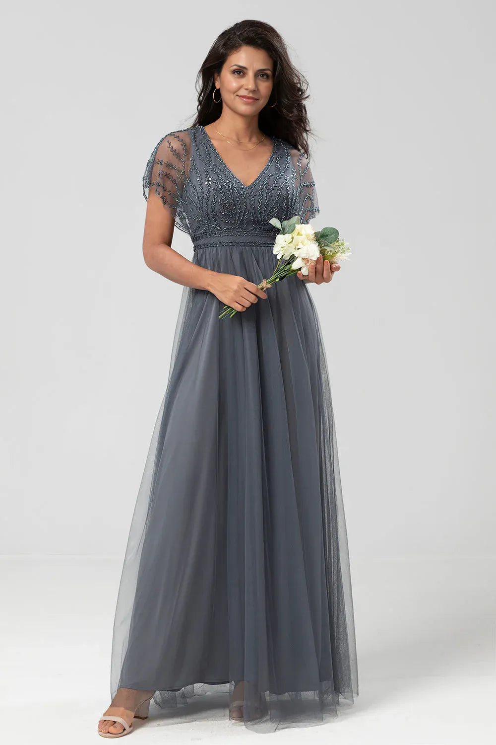 A-Line V Neck Flutter Sleeve Zipper Up Floor-Length Mother of the Bride Dress