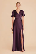Elegant A-Line V Neck Flutter Sleeves Satin High Slit Maxi Bridesmaid Dress
