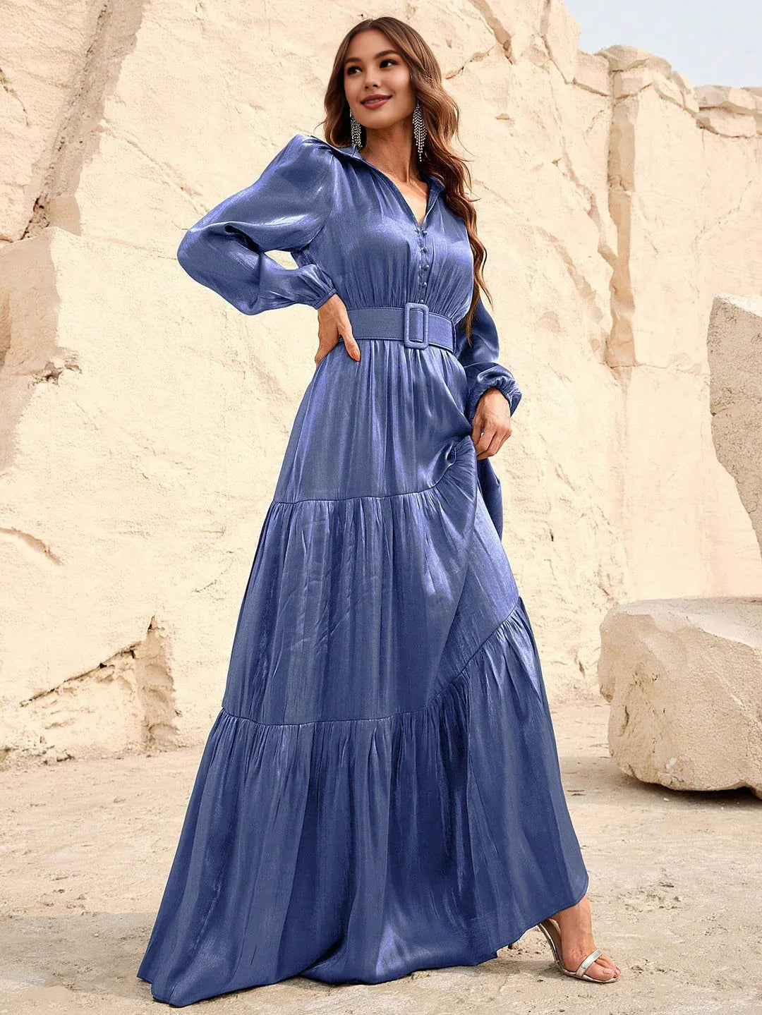 A-Line V Neck Lantern Sleeve Floor-Length Prom Dress