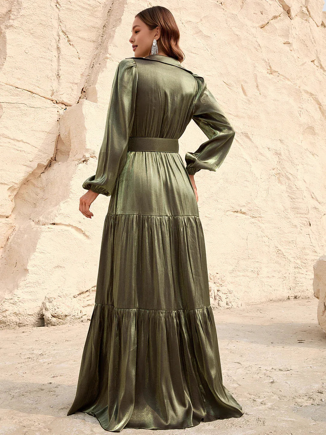A-Line V Neck Lantern Sleeve Floor-Length Prom Dress