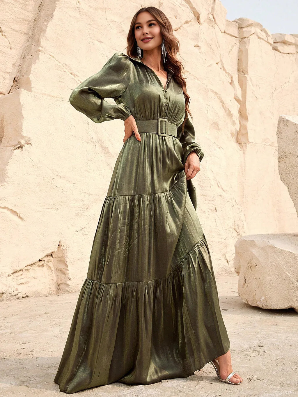 A-Line V Neck Lantern Sleeve Floor-Length Prom Dress