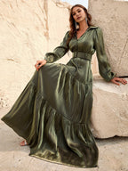 A-Line V Neck Lantern Sleeve Floor-Length Prom Dress