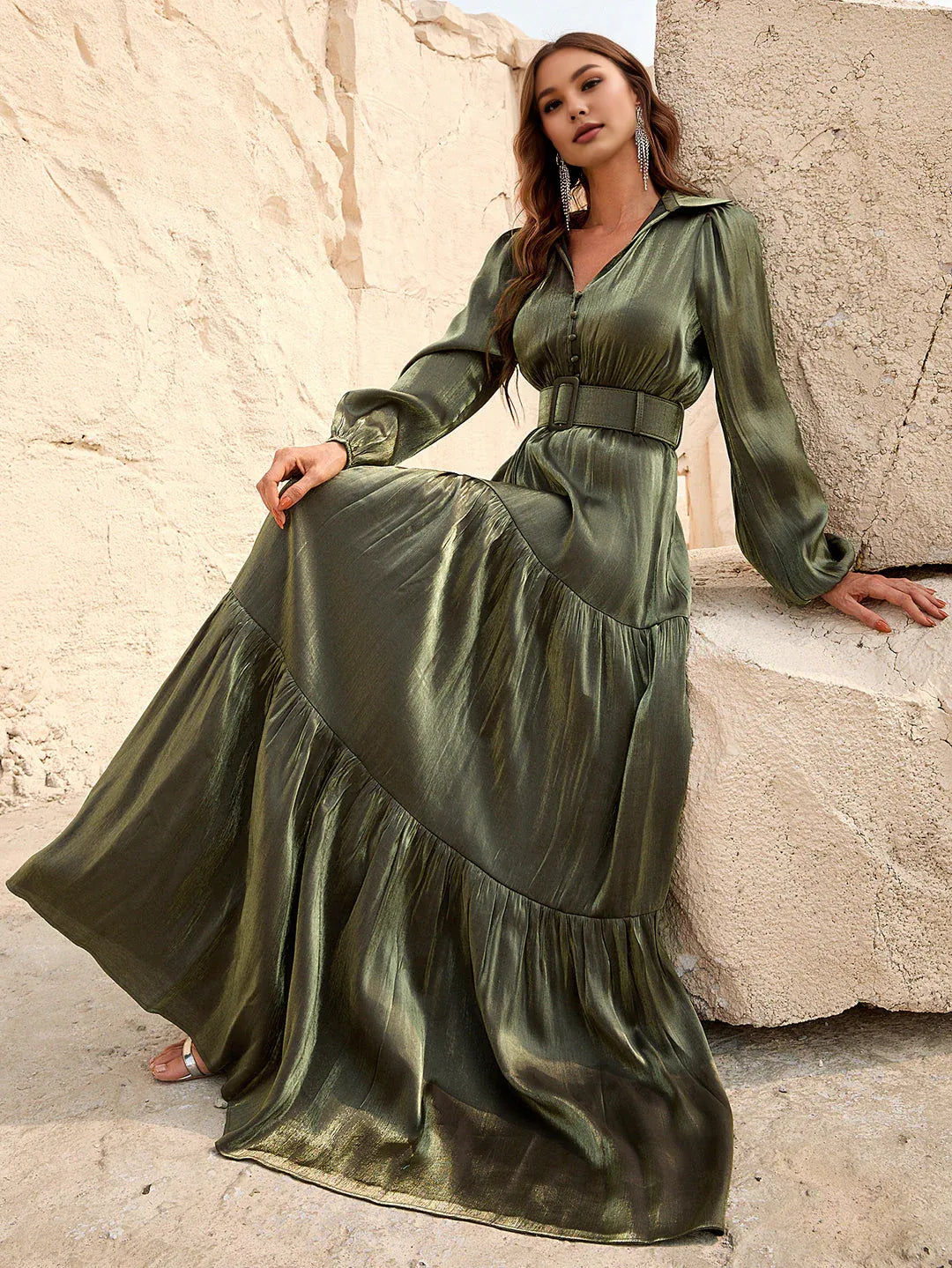 A-Line V Neck Lantern Sleeve Floor-Length Prom Dress