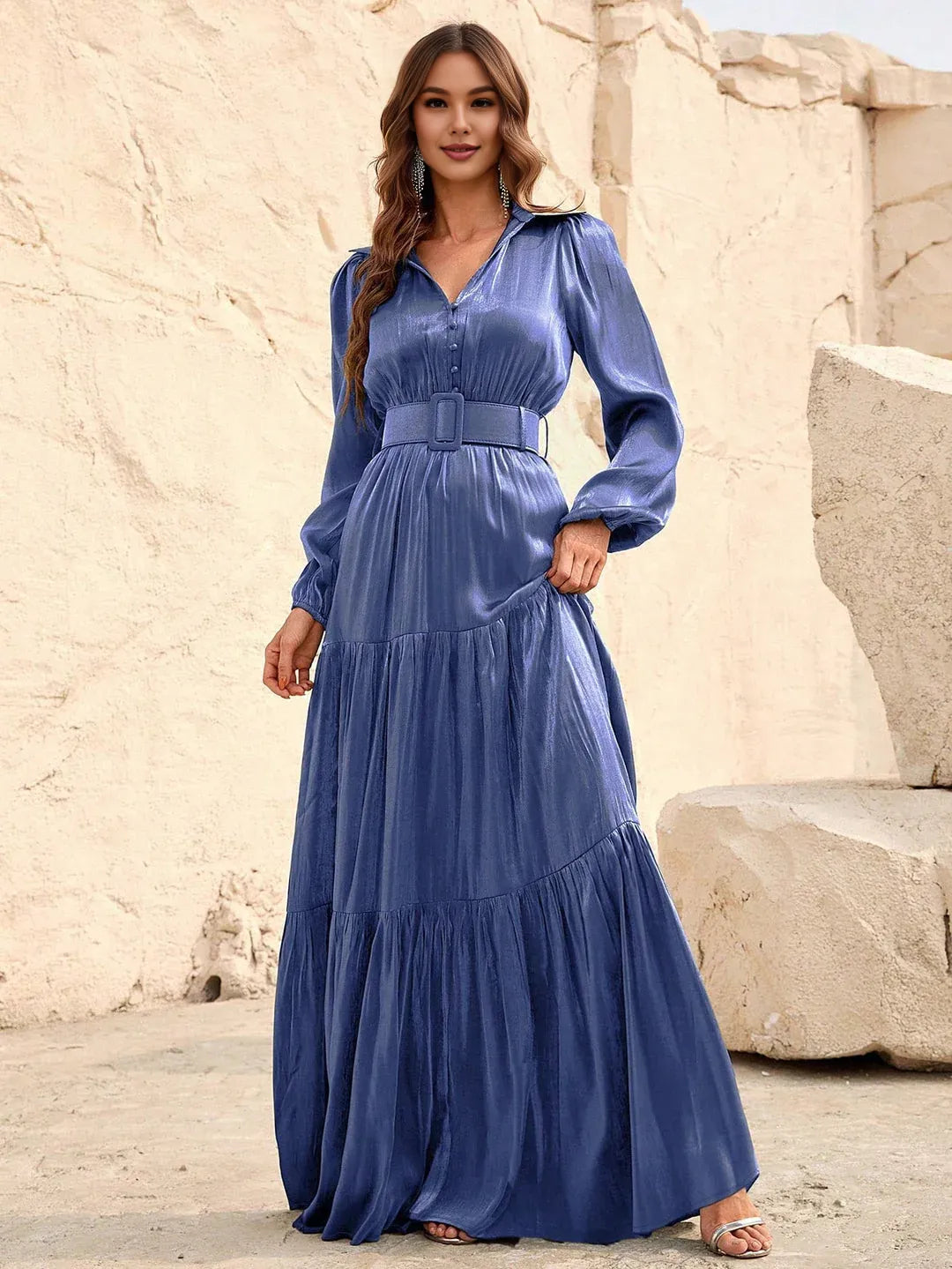 A-Line V Neck Lantern Sleeve Floor-Length Prom Dress