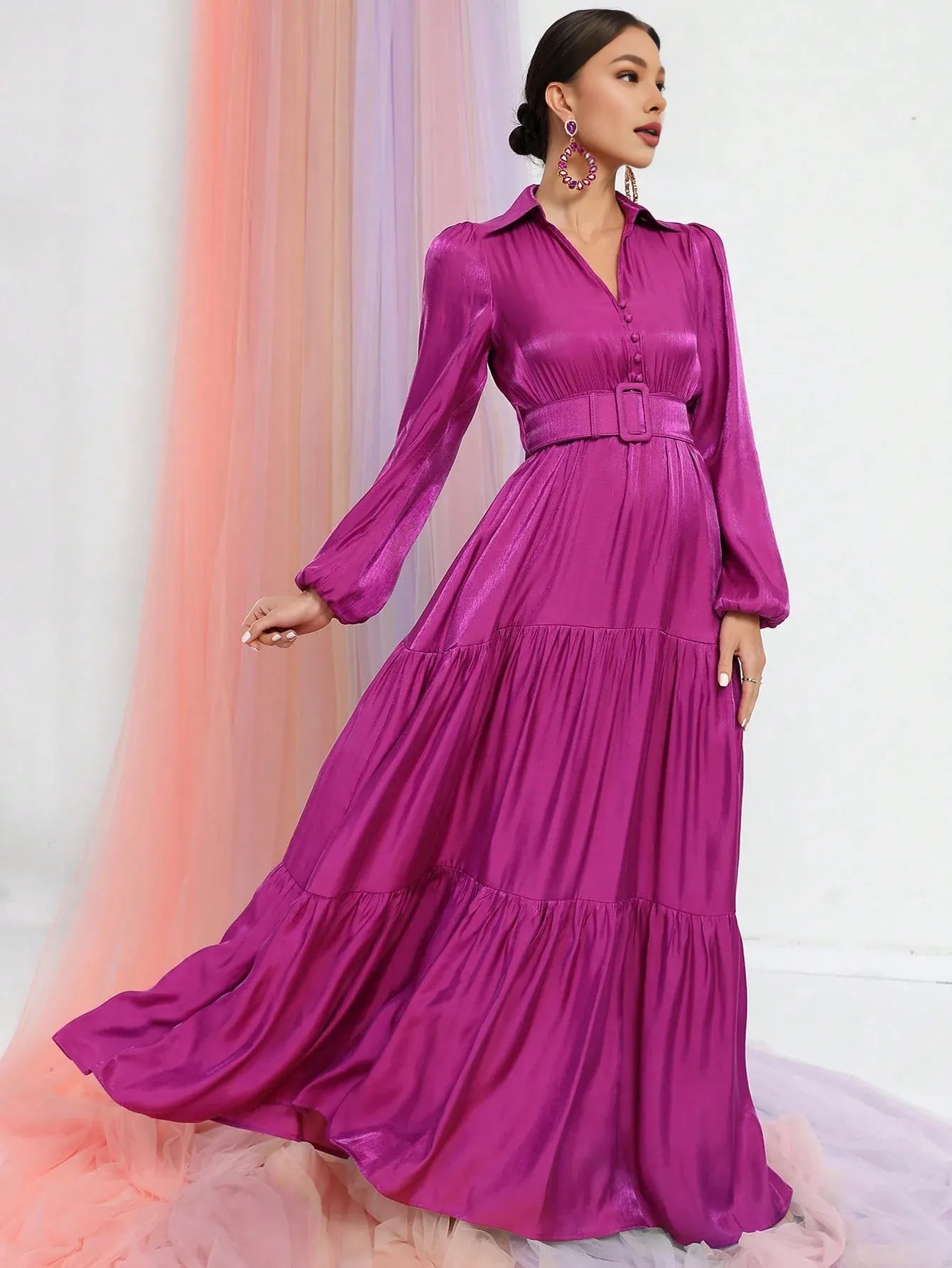A-Line V Neck Lantern Sleeve Floor-Length Prom Dress