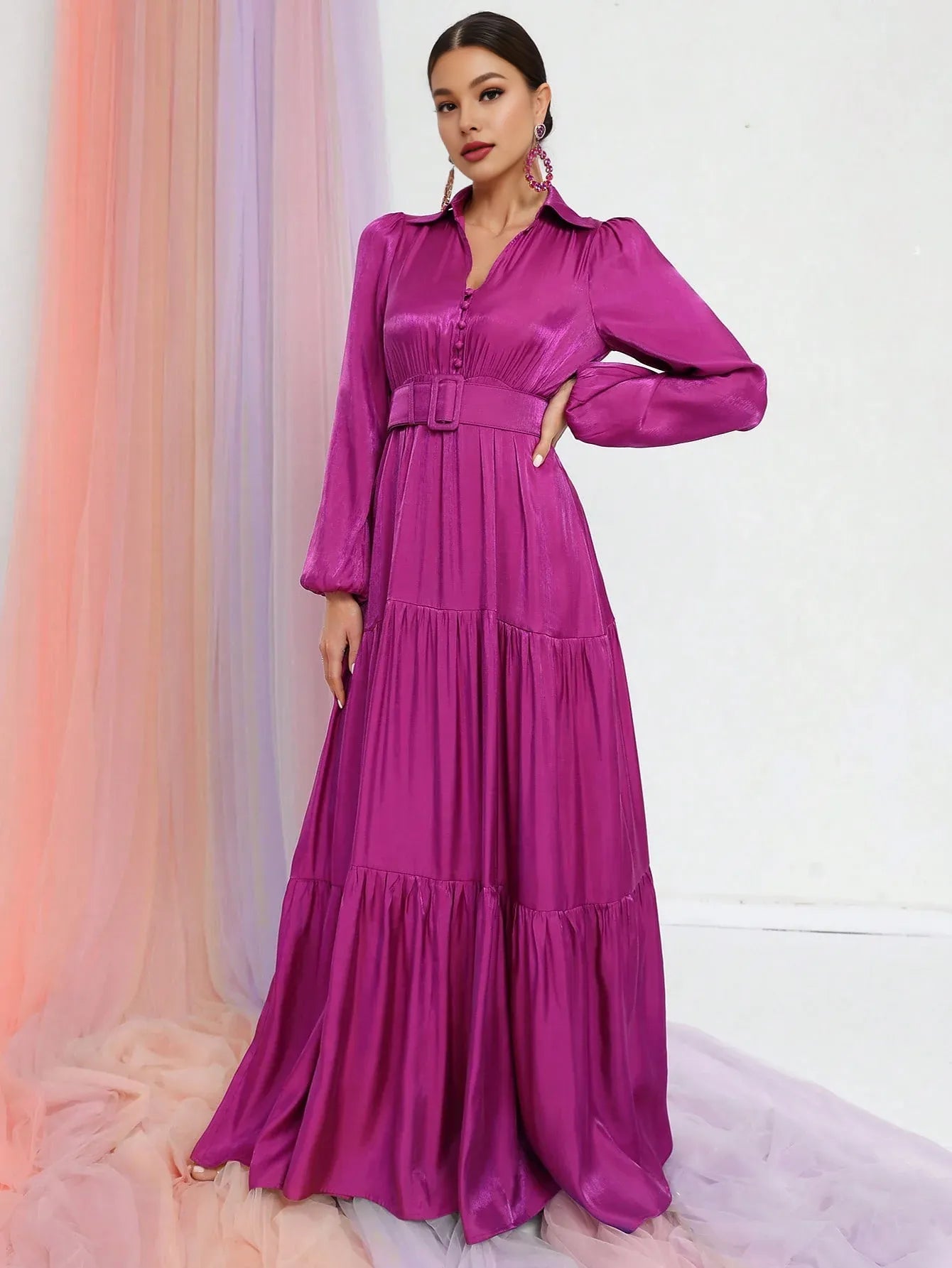 A-Line V Neck Lantern Sleeve Floor-Length Prom Dress