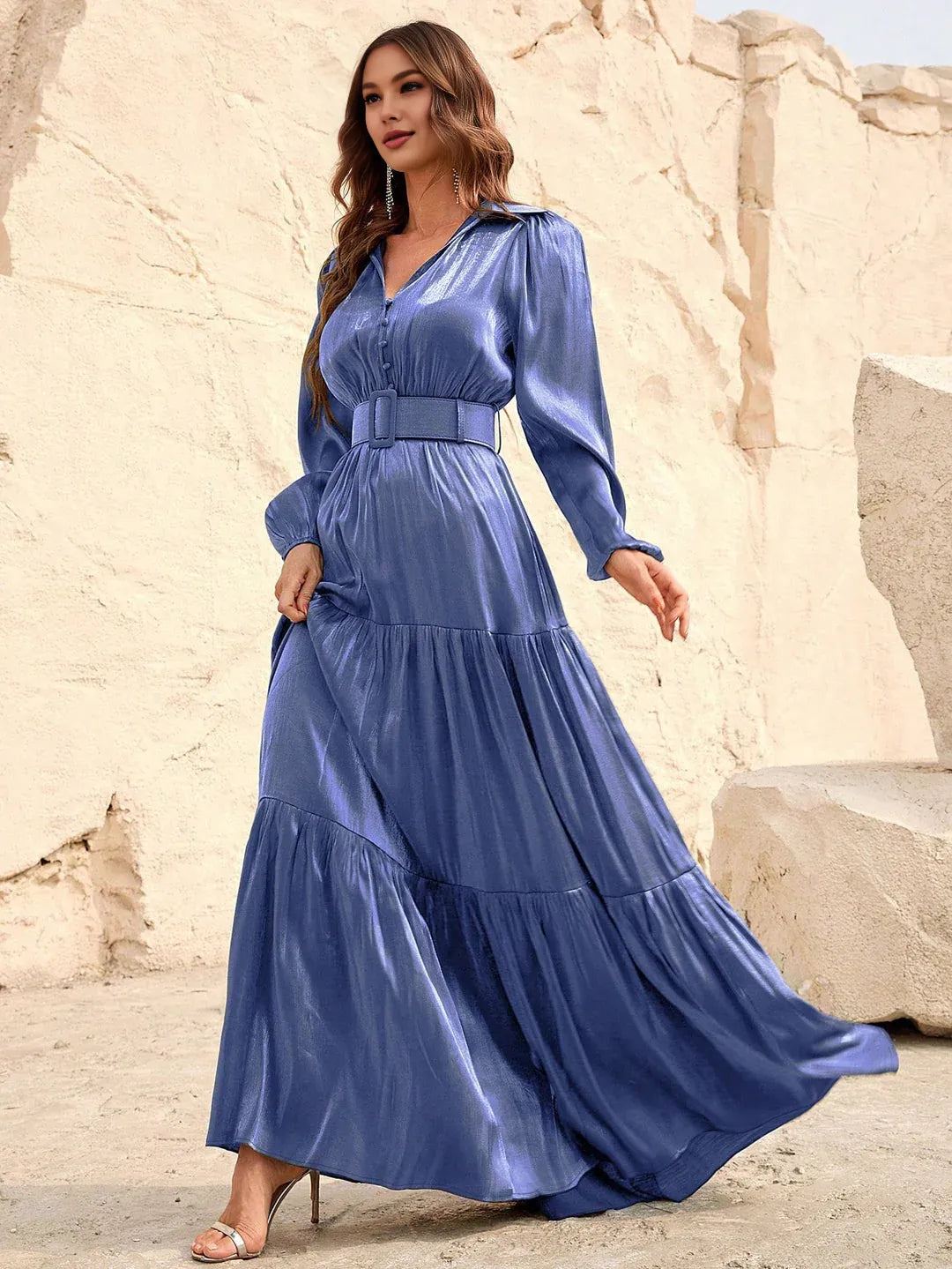 A-Line V Neck Lantern Sleeve Floor-Length Prom Dress