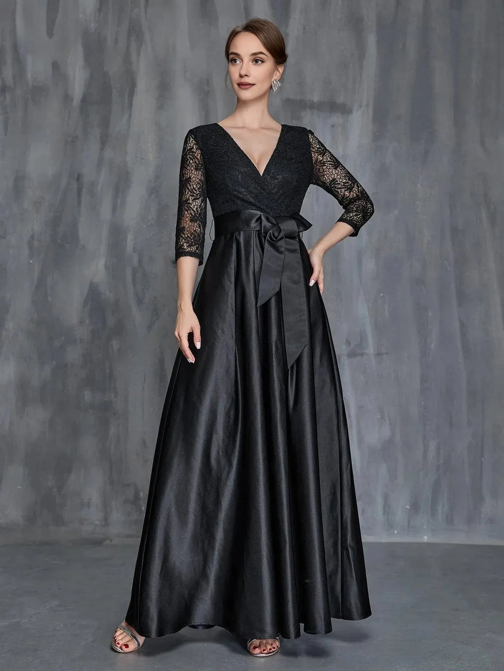 A-Line V Neck Long Sleeve Zipper Up Floor-Length Prom Dress
