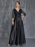 A-Line V Neck Long Sleeve Zipper Up Floor-Length Prom Dress