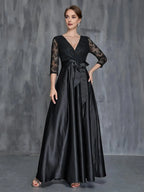 A-Line V Neck Long Sleeve Zipper Up Floor-Length Prom Dress