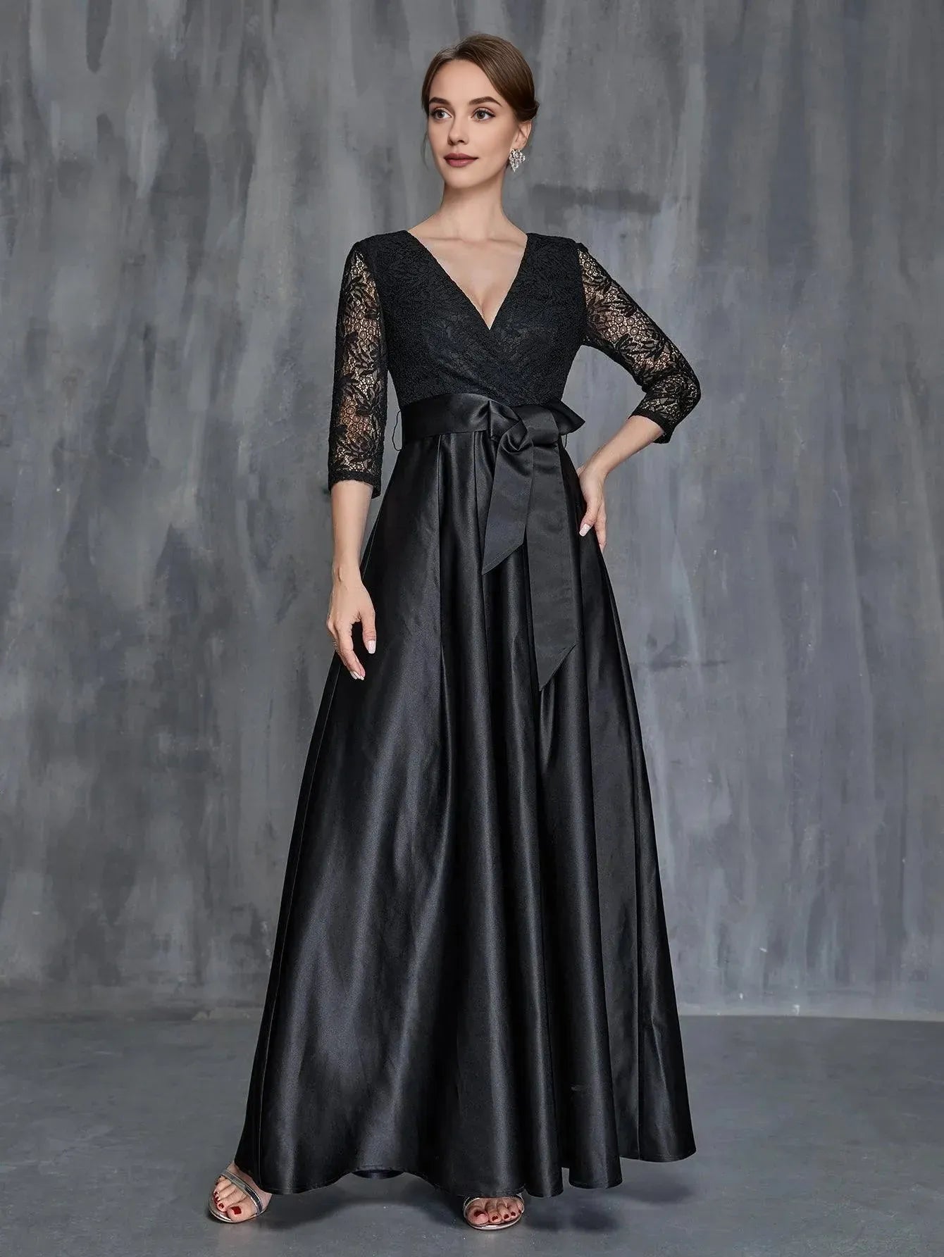 A-Line V Neck Long Sleeve Zipper Up Floor-Length Prom Dress