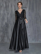 A-Line V Neck Long Sleeve Zipper Up Floor-Length Prom Dress