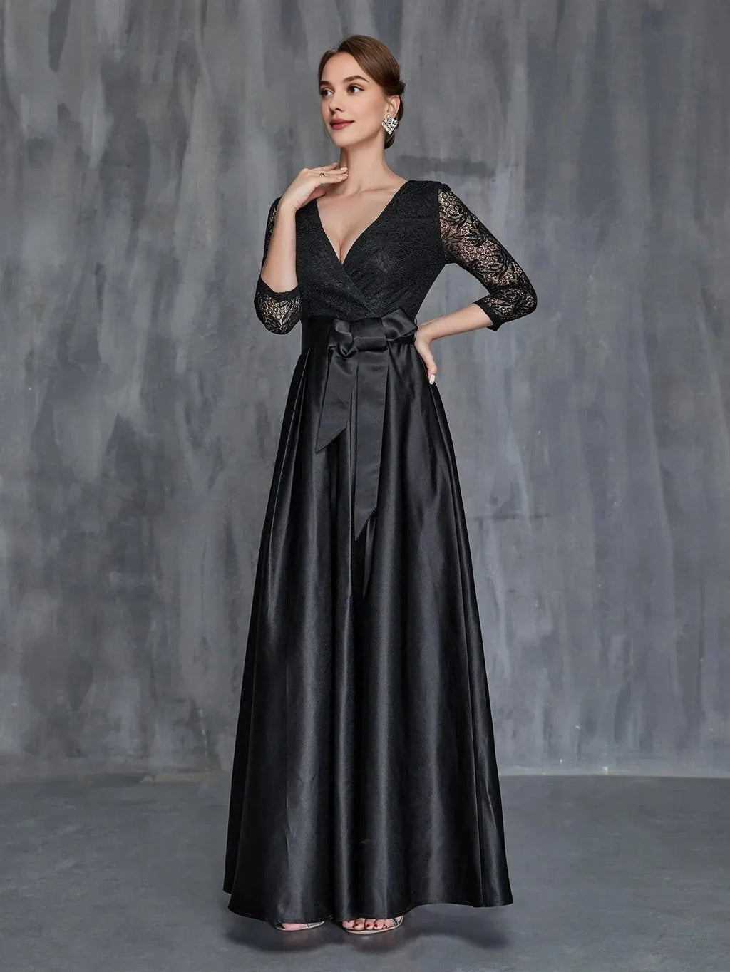 A-Line V Neck Long Sleeve Zipper Up Floor-Length Prom Dress