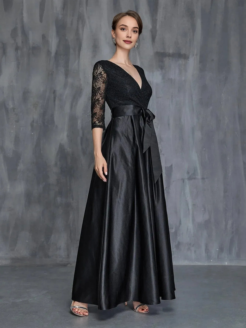 A-Line V Neck Long Sleeve Zipper Up Floor-Length Prom Dress